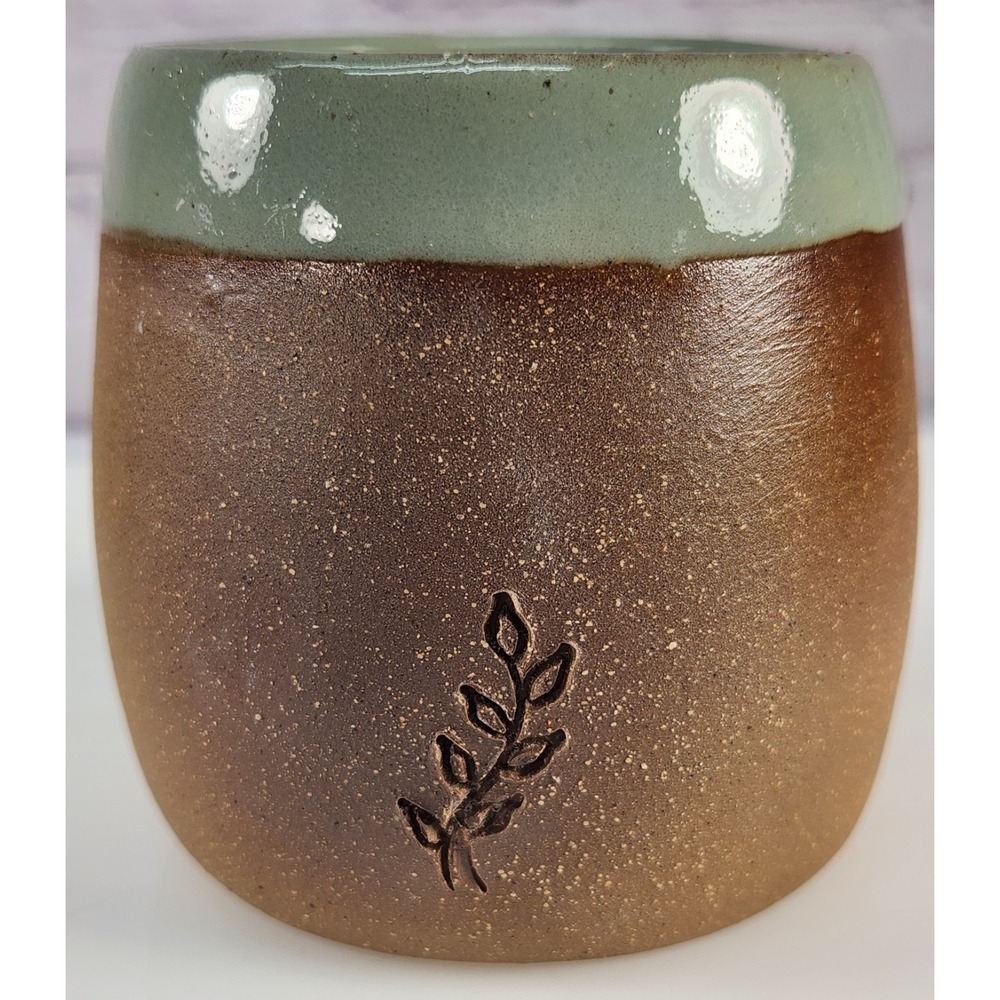 Sarah Signature Pottery Art Stoneware Signed Sage Green Brown Speckle Cup Vase